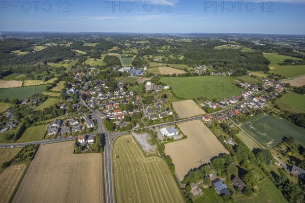 Aerial view, crossroads in Herzkamp, Evangelical Church Herzkamp, Sprockhövel, Ruhr area, North Rhine-Westphalia, Germany, place of worship, DE, Ennepe-Ruhr district, Europe, religious community, place of worship, church, parish, denomination, aerial photograph, aerial photography, aerial photography, road traffic, overview, traffic, traffic volume, bird's eye view, birds-eyes view, overview