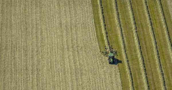 Aerial view, agricultural area, tractor mowing meadow, Gennebreck, Sprockhövel, Ruhr area, North Rhine-Westphalia, Germany, DE, Ennepe-Ruhr-Kreis, Europe, agriculture, agricultural fields, agricultural business, farm, aerial view, aerial photography, aerial photography, tractor, overview, bird's eye view, meadows and fields, birds-eyes view, overview