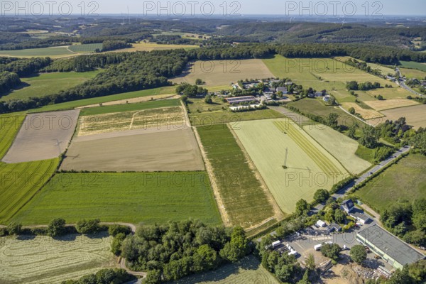 Aerial view, riding centre Oberste-Lehn, Gennebreck, Sprockhövel, Ruhr area, North Rhine-Westphalia, Germany, DE, Ennepe-Ruhr-Kreis, Europe, agriculture, agricultural fields, agricultural business, farm, aerial photography, aerial photography, aerial view, tractor mowing meadow, overview, bird's-eye view, meadows and fields, birds-eyes view, overview