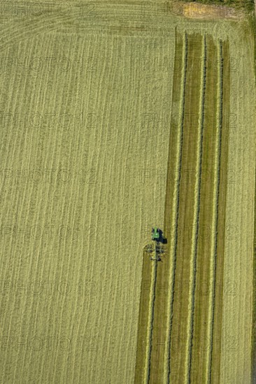 Aerial view, agricultural area, tractor mowing meadow, Gennebreck, Sprockhövel, Ruhr area, North Rhine-Westphalia, Germany, DE, Ennepe-Ruhr-Kreis, Europe, agriculture, agricultural fields, agricultural business, farm, aerial view, aerial photography, aerial photography, tractor, overview, bird's eye view, meadows and fields, birds-eyes view, overview