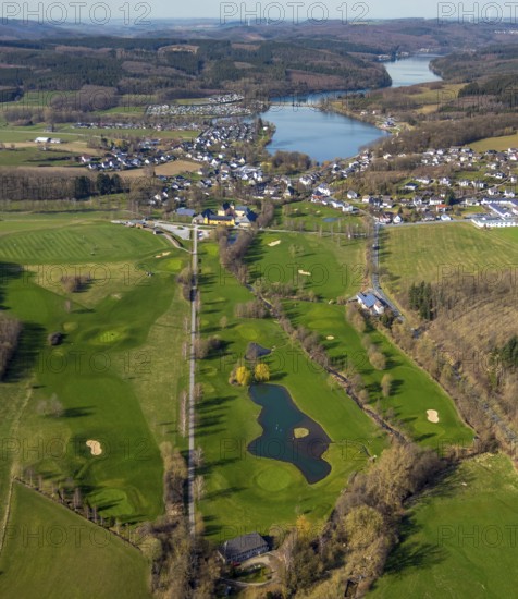 Aerial view, golf course, castle / house Amecke, Amecke, Sundern, Sauerland, North Rhine-Westphalia, Germany, DE, Europe, aerial view, aerial photography, aerial photography, overview, bird's-eye view, birds-eyes, view, overview, hobby, leisure, sport, golf