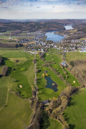 Aerial view, golf course, castle / house Amecke, Amecke, Sundern, Sauerland, North Rhine-Westphalia, Germany, DE, Europe, aerial view, aerial photography, aerial photography, overview, bird's-eye view, birds-eyes, view, overview, hobby, leisure, sport, golf