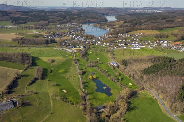 Aerial view, golf course, castle / house Amecke, Amecke, Sundern, Sauerland, North Rhine-Westphalia, Germany, DE, Europe, aerial view, aerial photography, aerial photography, overview, bird's-eye view, birds-eyes, view, overview, hobby, leisure, sport, golf