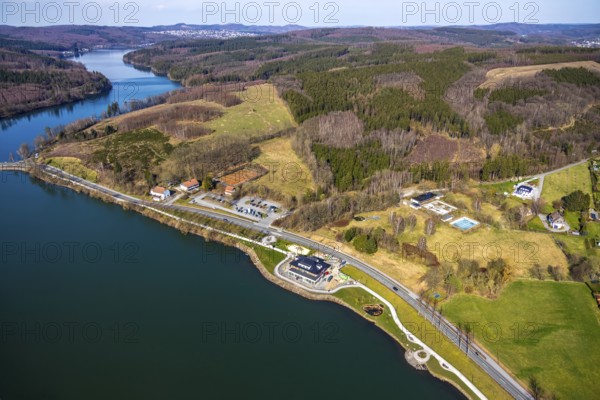 Aerial view, new building Airstop Strandcafé gastronomy café/restaurant/bistro/bar, old, dilapidated outdoor swimming pool Amecke Talsperre Sorpesee, old tennis courts, Amecke, Sundern, Sauerland, North Rhine-Westphalia, Germany, DE, Europe, aerial view, aerial photography, aerial photography, overview, bird's-eye view, birds-eyes, view, overview, drinking water, water supply, leisure, recreation, nature, water, swimming, boats, shipping, ships, recreation, holidays, waters, reservoir, restaurant, restaurant, eating, drinking, dining, pub, inn
