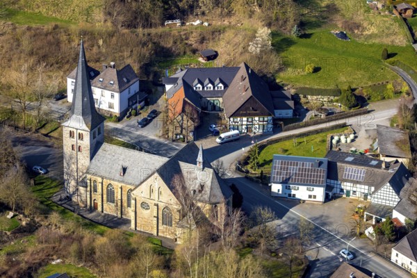 Aerial view, Catholic parish church St.. Laurentius, heritage-protected church building, Enkhausen, Sundern, Sauerland, North Rhine-Westphalia, Germany, DE, Europe, aerial view, aerial photography, aerial photography, overview, bird's-eye view, birds-eyes, view, overview, church, religion, faith, worship, mass