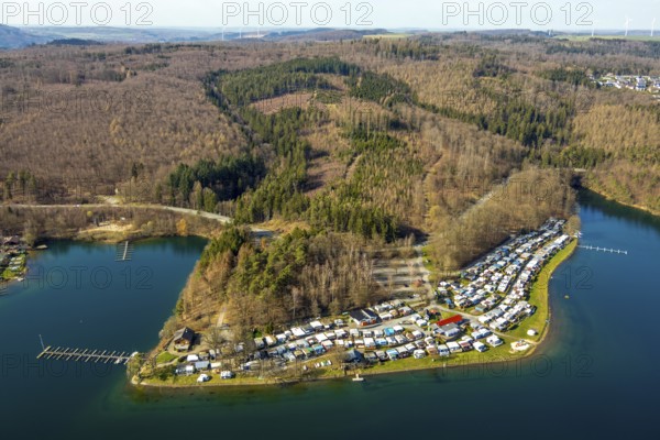 Aerial view, campsite family camping, sailing club Sorpesee-Iserlohn, boat rental, Mosaik outdoor centre, climbing garden, jetty, Sundern, Sauerland, North Rhine-Westphalia, Germany, DE, Europe, aerial view, aerial photography, aerial photography, overview, bird's-eye view, birds-eyes, view, overview, drinking water, water supply, leisure, recreation, nature, water, swimming, boats, shipping, ships, recreation, holidays, waters, reservoir, overnight stay, camping, camping, holiday, motorhome site