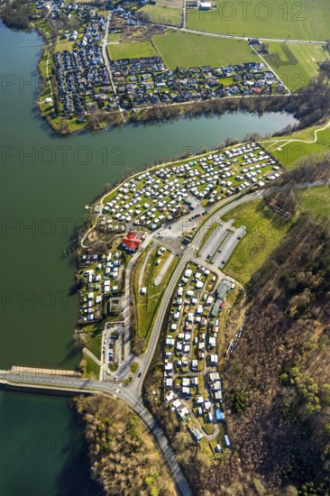 Aerial view, campsite at the dam, Sorpesee dam, Amecke, Sundern, Sauerland, North Rhine-Westphalia, Germany, DE, Europe, aerial view, aerial photography, aerial photography, overview, bird's-eye view, birds-eyes, view, overview, overnight stay, camping, leisure, recreation, holidays, holiday, motorhome site, drinking water, water supply, local recreation, nature, reservoir, dam, water, swimming, boats, shipping, ships
