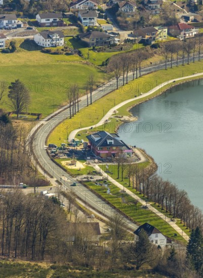 Aerial view, new building Airstop Strandcafé gastronomy café/restaurant/bistro/bar operation, Sorpesee dam, Amecke, Sundern, Sauerland, North Rhine-Westphalia, Germany, DE, Europe, aerial view, aerial photography, aerial photography, overview, bird's eye view, birds-eyes, view, overview, drinking water, water supply, leisure, recreation, nature, water, swimming, boats, shipping, ships, recreation, holidays, waters, reservoir, restaurant, pub, eating, drinking, dining, restaurant, inn