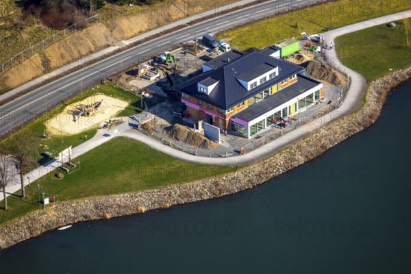 Aerial view, new building Airstop Strandcafé gastronomy café/restaurant/bistro/bar operation, Sorpesee dam, Amecke, Sundern, Sauerland, North Rhine-Westphalia, Germany, DE, Europe, aerial view, aerial photography, aerial photography, overview, bird's eye view, birds-eyes, view, overview, drinking water, water supply, leisure, recreation, nature, water, swimming, boats, shipping, ships, recreation, holidays, waters, reservoir, restaurant, pub, eating, drinking, dining, restaurant, inn