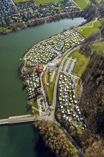 Aerial view, campsite at the dam, Sorpesee dam, Amecke, Sundern, Sauerland, North Rhine-Westphalia, Germany, DE, Europe, aerial view, aerial photography, aerial photography, overview, bird's-eye view, birds-eyes, view, overview, overnight stay, camping, leisure, recreation, holidays, holiday, motorhome site, drinking water, water supply, local recreation, nature, reservoir, dam, water, swimming, boats, shipping, ships