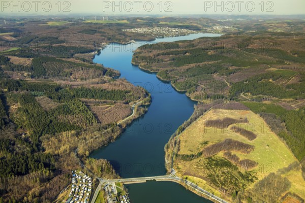 Aerial view, overview Sorpesee dam, Sundern, Sauerland, North Rhine-Westphalia, Germany, DE, Europe, aerial view, aerial photography, aerial photography, overview, bird's-eye view, view, overview, water, leisure, swimming, boats, shipping, ships, recreation, drinking water, water supply, local recreation, nature, reservoir, dam