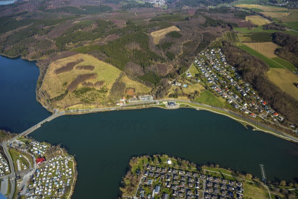 Aerial view, Camping site Am Damm, Sorpesee dam, Amecke, Sundern, Sauerland, North Rhine-Westphalia, Germany, DE, Europe, aerial view, aerial photography, aerial photography, overview, bird's-eye view, birds-eyes, view, overview, overnight stay, camping, leisure, recreation, holidays, holiday, motorhome site, drinking water, water supply, local recreation, nature, reservoir, dam, water, swimming, boats, shipping, ships