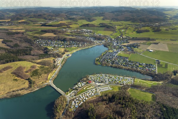Aerial view, overview Amecke, view over the Sorpe dam Sorpesee, Amecke, Sundern, Sauerland, North Rhine-Westphalia, Germany, DE, Europe, aerial view, aerial photography, aerial photography, overview, bird's-eye view, birds-eyes, view, overview, drinking water, water supply, leisure, recreation, nature, reservoir, water, swimming, boats, shipping, ships, recreation