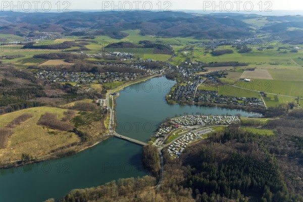 Aerial view, overview Amecke, view over the Sorpe dam Sorpesee, Amecke, Sundern, Sauerland, North Rhine-Westphalia, Germany, DE, Europe, aerial view, aerial photography, aerial photography, overview, bird's-eye view, birds-eyes, view, overview, drinking water, water supply, leisure, recreation, nature, reservoir, water, swimming, boats, shipping, ships, recreation