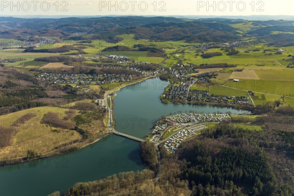 Aerial view, overview Amecke, view over the Sorpe dam Sorpesee, Amecke, Sundern, Sauerland, North Rhine-Westphalia, Germany, DE, Europe, aerial view, aerial photography, aerial photography, overview, bird's-eye view, birds-eyes, view, overview, drinking water, water supply, leisure, recreation, nature, reservoir, water, swimming, boats, shipping, ships, recreation