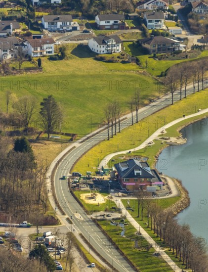 Aerial view, new building Airstop Strandcafé gastronomy café/restaurant/bistro/bar operation, Sorpesee dam, Amecke, Sundern, Sauerland, North Rhine-Westphalia, Germany, DE, Europe, aerial view, aerial photography, aerial photography, overview, bird's eye view, birds-eyes, view, overview, drinking water, water supply, leisure, recreation, nature, water, swimming, boats, shipping, ships, recreation, holidays, waters, reservoir, restaurant, pub, eating, drinking, dining, restaurant, inn