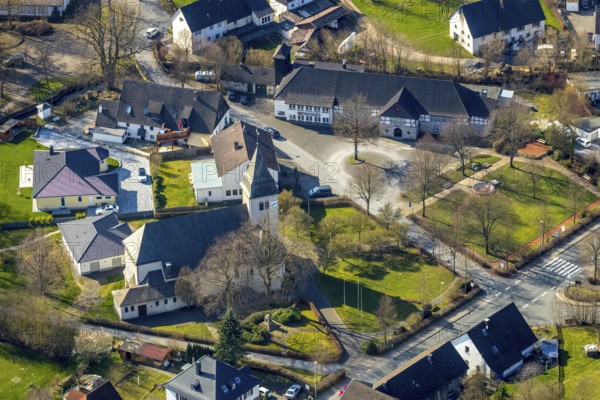 Aerial view, church building, shooting hall St. Hubertus Amecke, Amecke, Sundern, Sauerland, North Rhine-Westphalia, Germany, DE, Europe, aerial view, aerial photography, aerial photography, overview, bird's-eye view, birds-eyes, view, overview, customs, shooting club, tradition, shooting festival, church, religion, faith, worship, mass