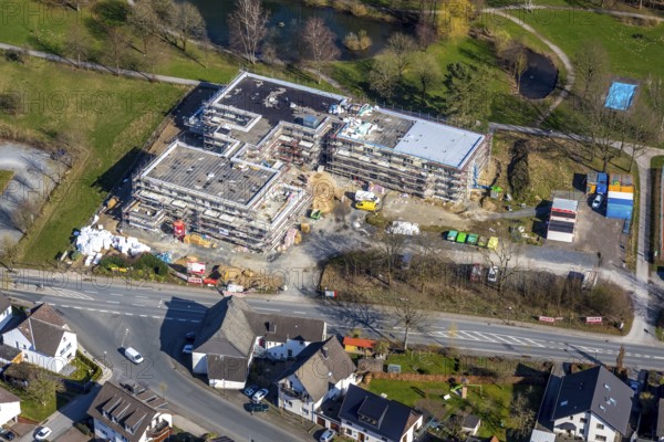 Aerial view, new building Kursana Quartier retirement home, recreation and leisure centre Allendorfer Straße, Allendorf, Sundern, Sauerland, North Rhine-Westphalia, Germany, DE, Europe, aerial view, aerial photography, aerial photography, overview, bird's-eye view, birds-eyes, view, overview, playground, children, playing, leisure, recreation, green areas, flowers, trees, living, in old age, retirement home, old people's home, geriatric care