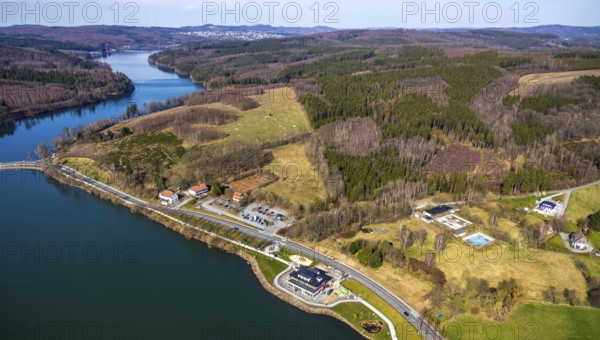 Aerial view, new building Airstop Strandcafé gastronomy café/restaurant/bistro/bar, old, dilapidated outdoor swimming pool Amecke Talsperre Sorpesee, old tennis courts, Amecke, Sundern, Sauerland, North Rhine-Westphalia, Germany, DE, Europe, aerial view, aerial photography, aerial photography, overview, bird's-eye view, birds-eyes, view, overview, drinking water, water supply, leisure, recreation, nature, water, swimming, boats, shipping, ships, recreation, holidays, waters, reservoir, restaurant, restaurant, eating, drinking, dining, pub, inn