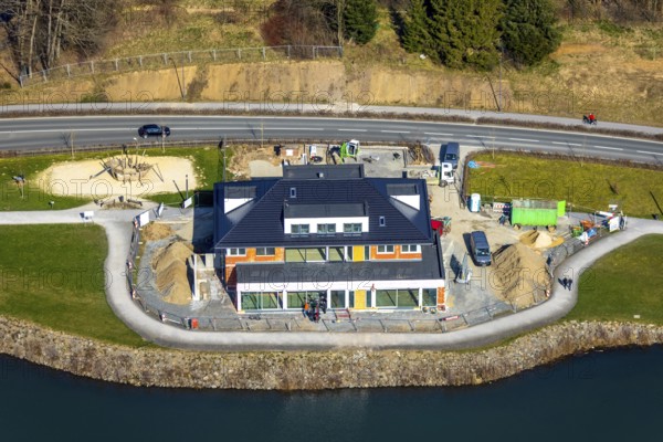 Aerial view, new building Airstop Strandcafé gastronomy café/restaurant/bistro/bar operation, Sorpesee dam, Amecke, Sundern, Sauerland, North Rhine-Westphalia, Germany, DE, Europe, aerial view, aerial photography, aerial photography, overview, bird's eye view, birds-eyes, view, overview, drinking water, water supply, leisure, recreation, nature, water, swimming, boats, shipping, ships, recreation, holidays, waters, reservoir, restaurant, pub, eating, drinking, dining, restaurant, inn