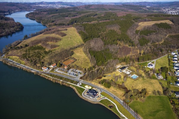 Aerial view, new building Airstop Strandcafé gastronomy café/restaurant/bistro/bar, old, dilapidated outdoor swimming pool Amecke Talsperre Sorpesee, old tennis courts, Amecke, Sundern, Sauerland, North Rhine-Westphalia, Germany, DE, Europe, aerial view, aerial photography, aerial photography, overview, bird's-eye view, birds-eyes, view, overview, drinking water, water supply, leisure, recreation, nature, water, swimming, boats, shipping, ships, recreation, holidays, waters, reservoir, restaurant, restaurant, eating, drinking, dining, pub, inn