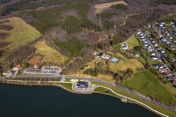 Aerial view, new building Airstop Strandcafé gastronomy café/restaurant/bistro/bar, old, dilapidated outdoor swimming pool Amecke Talsperre Sorpesee, old tennis courts, Amecke, Sundern, Sauerland, North Rhine-Westphalia, Germany, DE, Europe, aerial view, aerial photography, aerial photography, overview, bird's-eye view, birds-eyes, view, overview, drinking water, water supply, leisure, recreation, nature, water, swimming, boats, shipping, ships, recreation, holidays, waters, reservoir, restaurant, restaurant, eating, drinking, dining, pub, inn