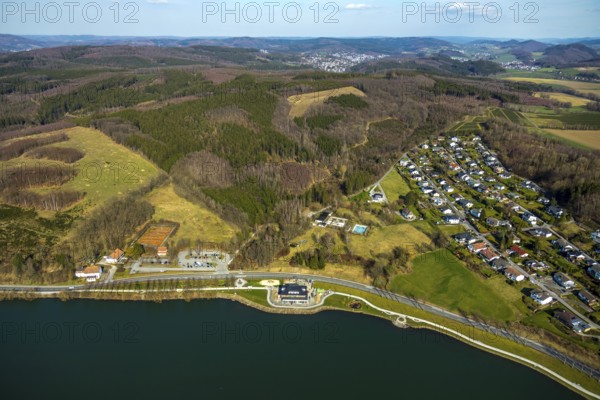 Aerial view, new building Airstop Strandcafé gastronomy café/restaurant/bistro/bar, old, dilapidated outdoor swimming pool Amecke Talsperre Sorpesee, old tennis courts, Amecke, Sundern, Sauerland, North Rhine-Westphalia, Germany, DE, Europe, aerial view, aerial photography, aerial photography, overview, bird's-eye view, birds-eyes, view, overview, drinking water, water supply, leisure, recreation, nature, water, swimming, boats, shipping, ships, recreation, holidays, waters, reservoir, restaurant, restaurant, eating, drinking, dining, pub, inn