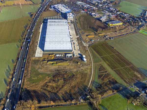 Aerial view, Woolworth builds new headquarters in the intermunicipal industrial estate Unna/Kamen, next to IKEA Kamen, Südkamen, Kamen, Ruhr area, North Rhine-Westphalia, Germany, Unna, DE, Europe, birds-eyes view, aerial photography, aerial photography, overview, bird's eye view