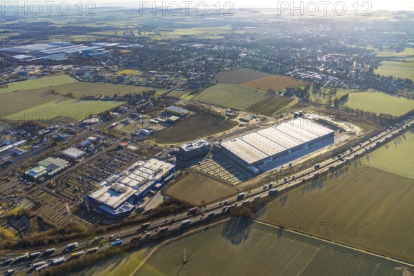 Aerial view, Woolworth builds new headquarters in the intermunicipal commercial area Unna/Kamen, next to IKEA Kamen, Südkamen, Kamen, Ruhr area, North Rhine-Westphalia, Germany, DE, Europe, birds-eyes view, aerial photography, aerial photography, overview, overview, bird's eye view