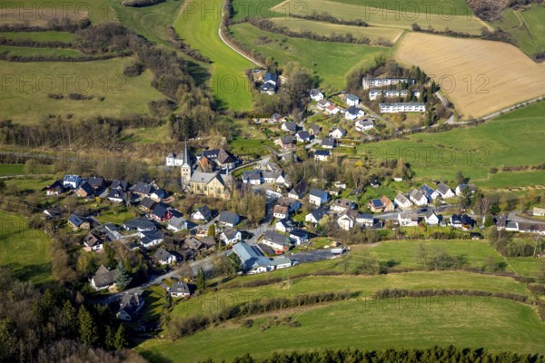 Aerial view, overview Enkhausen, Catholic parish church St.. Laurentius, heritage-protected church building, Enkhausen, Sundern, Sauerland, North Rhine-Westphalia, Germany, DE, Europe, aerial view, aerial photography, aerial photography, overview, bird's-eye view, birds-eyes, view, overview, church, religion, faith, service, mass
