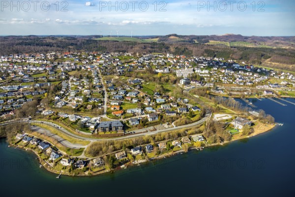 Aerial view, overview Langscheid, Sorpesee, Sorpe shore, Langscheid, Sundern, Sauerland, North Rhine-Westphalia, Germany, DE, Europe, aerial view, aerial photography, aerial photography, overview, bird's-eye view, birds-eyes, view, overview, drinking water, water supply, leisure, recreation, nature, reservoir, dam