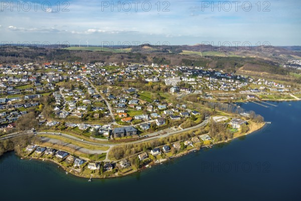 Aerial view, overview Langscheid, Sorpesee, Sorpe shore, Langscheid, Sundern, Sauerland, North Rhine-Westphalia, Germany, DE, Europe, aerial view, aerial photography, aerial photography, overview, bird's-eye view, birds-eyes, view, overview, drinking water, water supply, leisure, recreation, nature, reservoir, dam