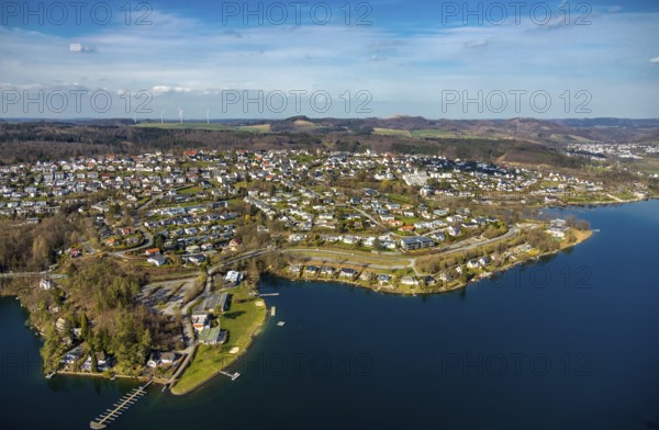 Aerial view, overview Langscheid, Sorpesee, Sorpe shore, Langscheid, Sundern, Sauerland, North Rhine-Westphalia, Germany, DE, Europe, aerial view, aerial photography, aerial photography, overview, bird's-eye view, birds-eyes, view, overview, drinking water, water supply, leisure, recreation, nature, reservoir, dam