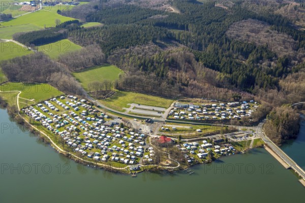 Aerial view, campsite at the dam, Sorpesee dam, Amecke, Sundern, Sauerland, North Rhine-Westphalia, Germany, DE, Europe, aerial view, aerial photography, aerial photography, overview, bird's-eye view, birds-eyes, view, overview, overnight stay, camping, leisure, recreation, holidays, holiday, motorhome site, drinking water, water supply, local recreation, nature, reservoir, dam, water, swimming, boats, shipping, ships