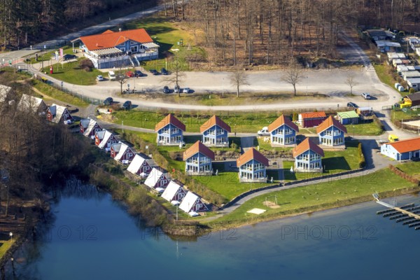 Aerial photo, Nordic holiday park, Sailpoint, fishing boat rental, mosaic outdoor centre, Sorpesee, shore, Sundern, Sauerland, North Rhine-Westphalia, Germany, DE, Europe, aerial photo, aerial photography, aerial photography, overview, bird's-eye view, view, overview, drinking water, water supply, leisure, recreation, nature, reservoir, dam, water, swimming, boats, shipping, ships, recreation, holiday park, holiday home, holiday, holiday, tourism