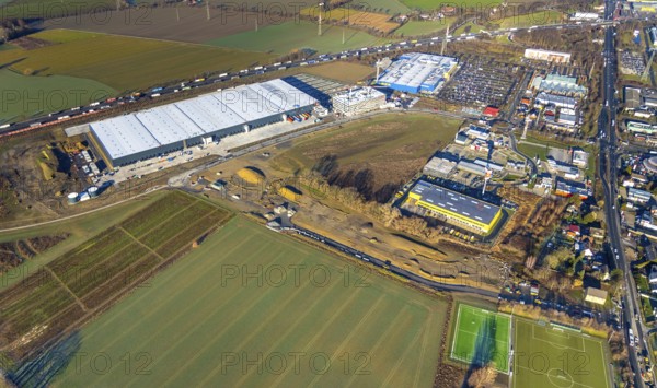 Aerial view, Woolworth builds new headquarters in the intermunicipal industrial estate Unna/Kamen, next to IKEA Kamen, Südkamen, Kamen, Ruhr area, North Rhine-Westphalia, Germany, Unna, DE, Europe, birds-eyes view, aerial photography, aerial photography, overview, bird's eye view