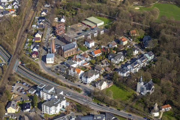 Aerial view, Catholic Church of the Sacred Heart of Jesus, school at Friedrichsborn, ChristusKirche, wind pump, Unna, Ruhr area, North Rhine-Westphalia, Germany, place of worship, education, educational institution, DE, Europe, Friedrich-Ebert-Straße, Gabelsbergerstraße, religious community, place of worship, primary school, church, parish, denomination, teaching institute, aerial photograph, aerial photography, aerial photography, religion, school, sight, overview, bird's eye view, birds-eyes view, former saltworks at Königsborn, overview