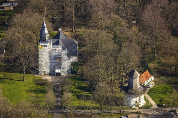 Aerial view, renovation Christuskirche, wind pump, Unna, Ruhr area, North Rhine-Westphalia, Germany, place of worship, DE, Europe, Friedrich-Ebert-Straße, religious community, place of worship, church, parish, denomination, aerial photograph, aerial photography, aerial photography, religion, overview, bird's eye view, birds-eyes view, former saltworks at Königsborn, overview