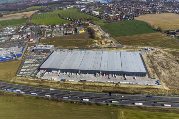 Aerial view, new building Woolworth headquarters and logistics centre, commercial area Unna Kamen, Unna, Ruhr area, North Rhine-Westphalia, Germany, d 0.188958 0.190221, EN, Europe, commercial enterprises, commercial area, commercial area, commercial park, commercial location, commercial use, freight traffic, industrial area, industrial location, logistics, logistics centre, aerial view, aerial photography, aerial photography, overview, bird's-eye view, overview