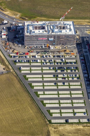 Aerial view, new construction Woolworth headquarters and logistics centre, commercial area Unna Kamen, Unna, Ruhr area, North Rhine-Westphalia, Germany, DE, Europe, commercial enterprises, commercial area, commercial park, commercial location, commercial use, freight traffic, industrial area, industrial location, logistics, logistics centre, aerial photograph, aerial photography, aerial photography, overview, bird's-eye view, bird's-eye view, overview