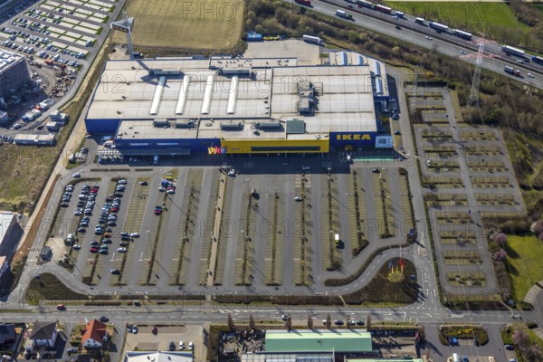 Aerial view, Ikea furniture store, Unna-Königsborn, city limits Kamen, Südkamen, Kamen, Ruhr area, North Rhine-Westphalia, Germany, DE, shopping centre, Europe, commercial enterprises, commercial area, commercial park, commercial location, commercial use, industrial area, industrial location, Kamen Karree, aerial view, aerial photography, aerial photography, car parks, Swedish furniture store, overview, Unna, bird's eye view, birds-eyes view, overview