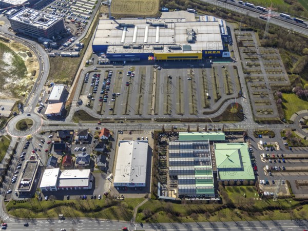 Aerial view, Ikea furniture store, Dehner garden centre, Mercure Hotel Kamen Unna, Unna-Königsborn, Kamen city limits, Südkamen, Kamen, Ruhr area, North Rhine-Westphalia, Germany, DE, shopping centre, Europe, commercial enterprises, commercial space, commercial area, commercial park, commercial location, commercial use, industrial area, industrial location, Kamen Karree, roundabout, aerial view, aerial photography, aerial photography, car parks, Swedish furniture store, overview, Unna, bird's-eye view, birds-eyes view, overview