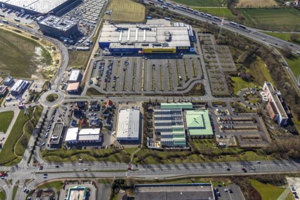 Aerial view, Ikea furniture store, Dehner garden centre, Mercure Hotel Kamen Unna, Unna-Königsborn, Kamen city limits, Südkamen, Kamen, Ruhr area, North Rhine-Westphalia, Germany, DE, shopping centre, Europe, commercial enterprises, commercial space, commercial area, commercial park, commercial location, commercial use, industrial area, industrial location, Kamen Karree, roundabout, aerial view, aerial photography, aerial photography, car parks, Swedish furniture store, overview, Unna, bird's-eye view, birds-eyes view, overview