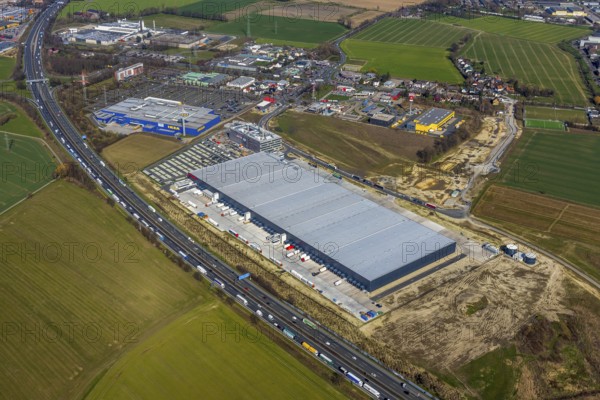 Aerial view, new Woolworth headquarters and logistics centre, commercial area Unna Kamen, Ikea, Afferde, Unna, Ruhr area, North Rhine-Westphalia, Germany, DE, Europe, commercial enterprises, commercial area, commercial park, commercial location, commercial use, freight traffic, industrial area, industrial location, logistics, logistics centre, aerial view, aerial photography, aerial photography, overview, bird's-eye view, overview