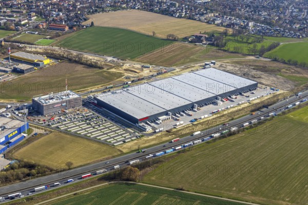Aerial view, new Woolworth headquarters and logistics centre, Unna Kamen industrial estate, Unna-Königsborn, Kamen city limits, Südkamen, Kamen, Ruhr area, North Rhine-Westphalia, Germany, DE, Europe, commercial enterprises, commercial area, commercial park, commercial location, commercial use, freight traffic, industrial area, industrial location, logistics, logistics centre, aerial photograph, aerial photography, aerial photography, overview, bird's eye view, bird's eye view, overview