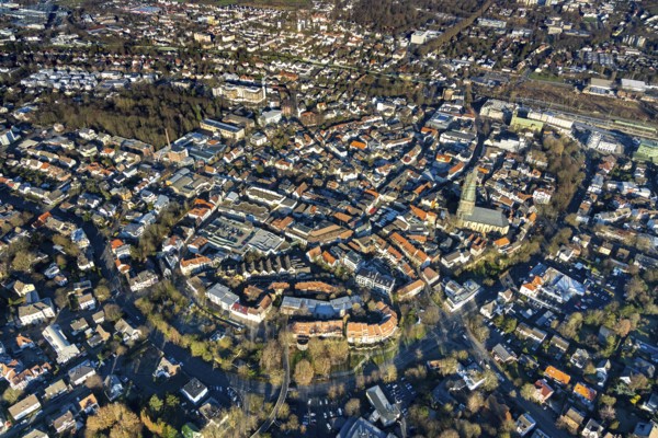 Aerial view, market day in the city centre of Unna, market on the old market, market place, Unna, Ruhr area, North Rhine-Westphalia, Germany, DE, Europe, birds-eyes view, aerial view, aerial photography, aerial photography, overview, bird's eye view