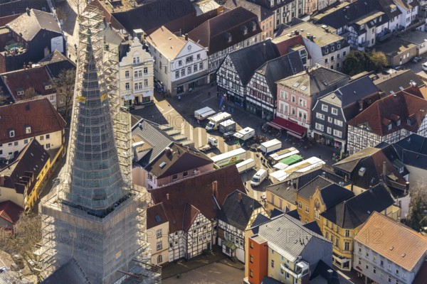 Aerial view, redevelopment protestant town church, church square, market, Unna, Ruhr area, North Rhine-Westphalia, Germany, old town, place of worship, city, DE, shopping centre, Europe, half-timbered houses, religious community, house of worship, hall church, church, parish, church tower, denomination, aerial view, aerial photography, aerial photography, market square, market stalls, religion, town church, overview, bird's-eye view, overview