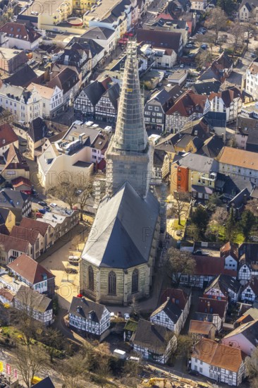 Aerial view, redevelopment protestant town church, church square, Unna, Ruhr area, North Rhine-Westphalia, Germany, old town, place of worship, city, DE, Europe, half-timbered houses, religious community, house of worship, hall church, church, parish, church tower, denomination, aerial view, aerial photography, aerial photography, religion, town church, overview, bird's-eye view, overview