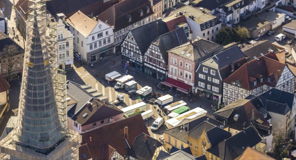Aerial view, redevelopment protestant town church, church square, market, Unna, Ruhr area, North Rhine-Westphalia, Germany, old town, place of worship, city, DE, shopping centre, Europe, half-timbered houses, religious community, house of worship, hall church, church, parish, church tower, denomination, aerial view, aerial photography, aerial photography, market square, market stalls, religion, town church, overview, bird's-eye view, overview