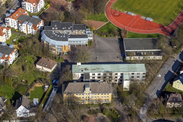 Aerial view, Peter-Weiss-Gesamtschule, old building, Unna, Ruhr area, North Rhine-Westphalia, Germany, education, educational institution, DE, Europe, comprehensive school, educational institute, aerial view, aerial photography, aerial photography, school, overview, bird's eye view, birds-eyes view, overview